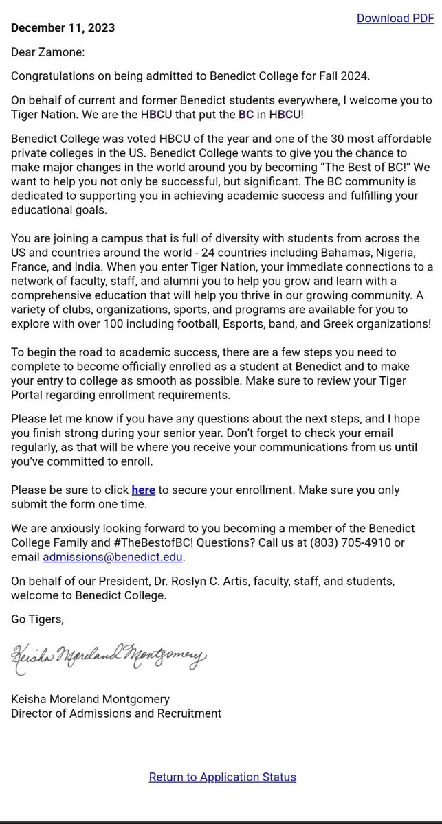 Blessed To Be Accepted Into Benedict College <a href="/BenedictEDU/">Benedict College</a> <a href="/benedict_tigers/">BC Tigers Athletics</a> 🟣🟡#AGTG