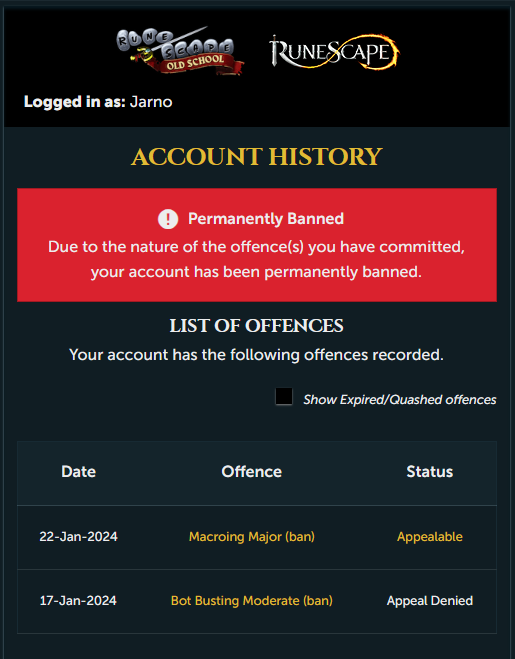 This account got false banned first time 5 days ago and now I got this, this is my account with 200m all on rs3 and my Irl name I wouldnt ever risk it. PLEASE look into these bans @JagexTyran @JagexTwisted @JagexAyiza