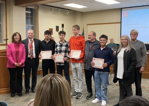 GoshenSchools's tweet photo. Recognized by the Board in Dec. were Boys Cross Country runners Dorian Diaz (NLC All-Conf., ran at State, and Honorable Mention All-State), Levi Schlegel (NLC All-Conf.), Lincoln Clark (NLC All-Conf. Honorable Mention, ran at State) and Alex Lopez (NLC All-Conf. Honorable Mention https://t.co/as1YGKdHfo