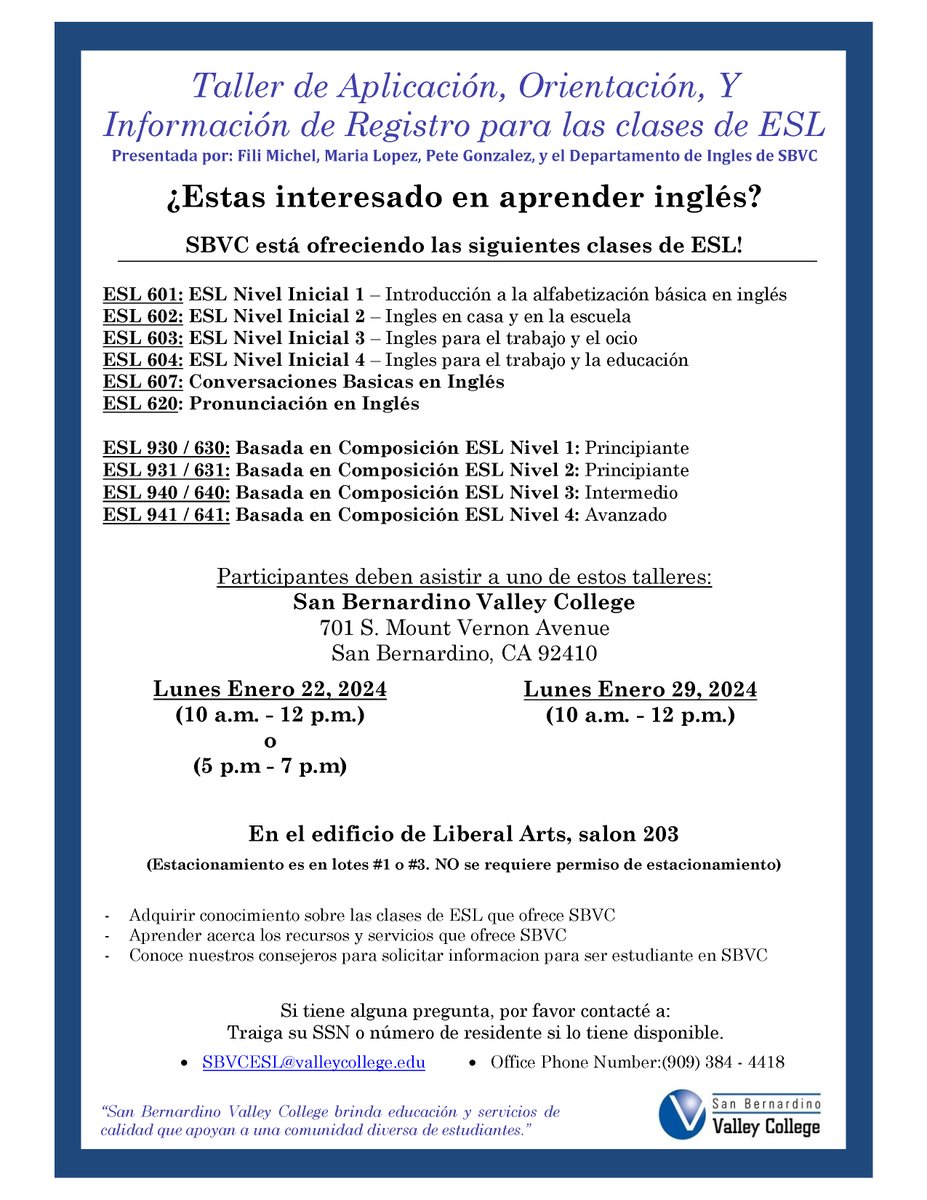 InlandAEBG's tweet photo. ¿Estas interesado en aprender inglés?
Taller de Aplicación, Orientación, Y Información de Registro para las clases de ESL
Interested in learning English?
ESL Workshop: Information, Orientation, &amp; Registration 
San Bernardino Valley College
sbvcesl@valleycollege.edu
(909)384-4418 https://t.co/vwIbuS0fkB