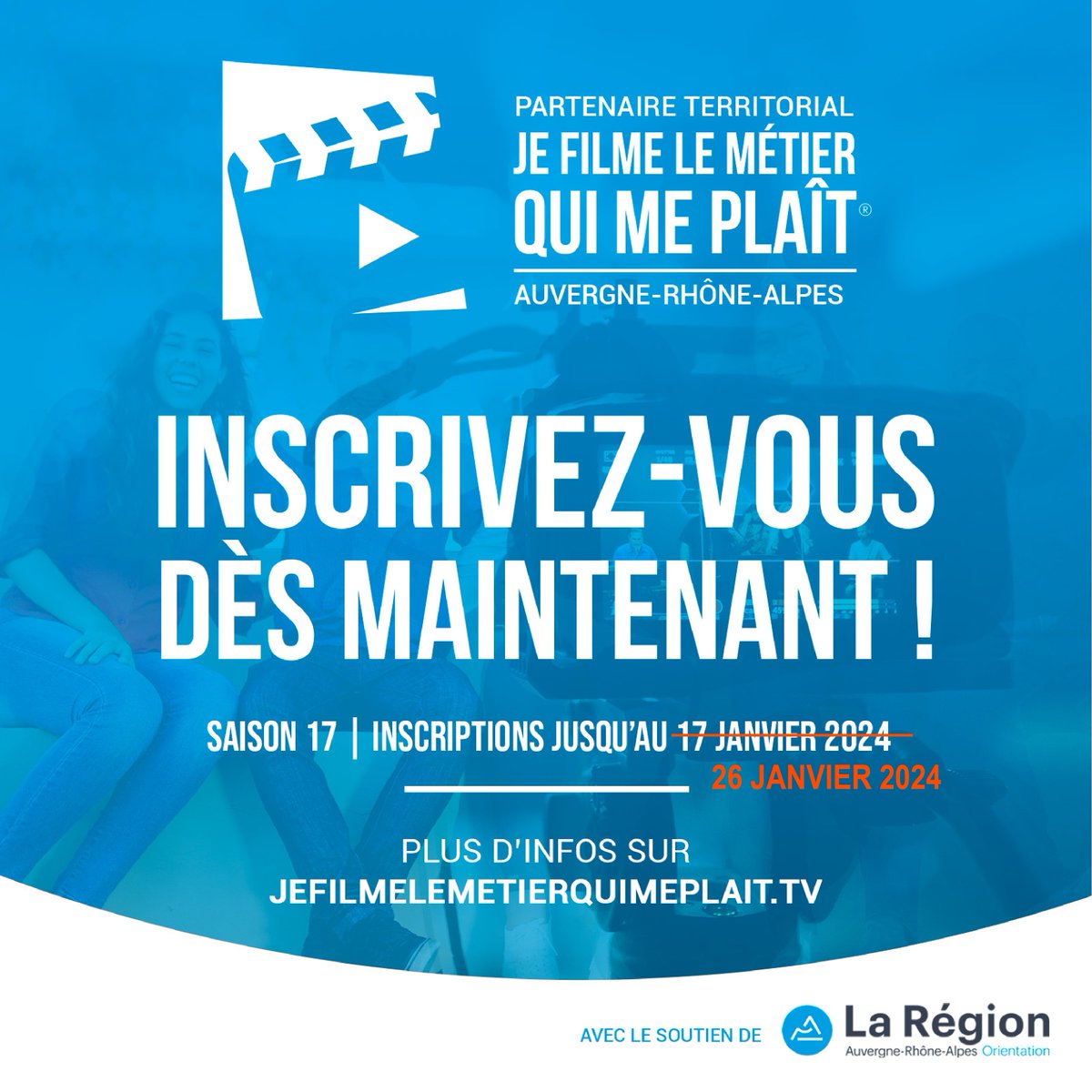 AURAOrientation's tweet image. 🎬 #JFLMQMP : prolongation des inscriptions jusqu'au 26 janvier 2024 ‼️ 

N'attendez plus et participez au concours "Je filme le métier qui me plaît".🎦
La mission ? En équipe, réaliser une vidéo de 3 minutes sur la découverte d'un #métier.

+ d'infos ➡️ bit.ly/3tWNAgN