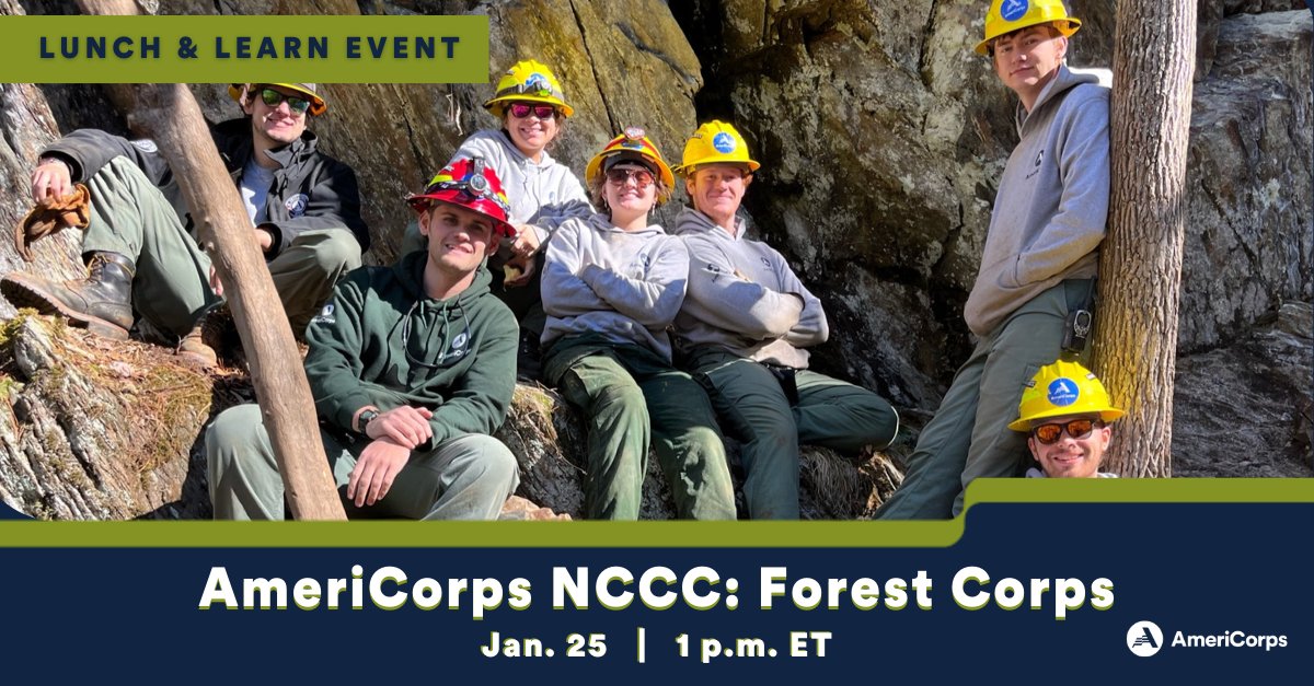 AmeriCorpsNCCC's tweet photo. Interested in performing direct, hands-on service in the areas of wildfire risk mitigation, reforestation, environmental conservation, and resource management?🌲Join @AmeriCorps NCCC and @forestservice staff to learn more about serving in #ForestCorps ! https://t.co/61RIDzhs0I