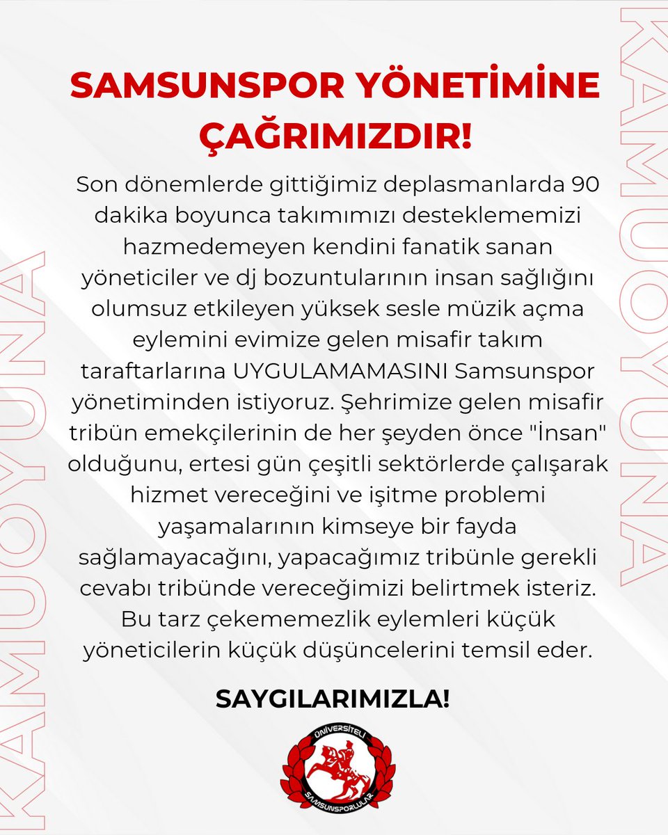 UniSam1965's tweet photo. "Son dönemlerde gittiğimiz deplasmanlarda 90 dk boyunca takımımızı desteklememizi hazmedemeyen kendini fanatik sanan yöneticiler ve dj bozuntularının insan sağlığını olumsuz etkileyen yüksek sesle müzik açma eylemini evimize gelen misafir takım taraftarlarına UYGULAMAMASINI Samsunspor yönetiminden istiyoruz."

#Samsunspor #Samsun #ÜniSam