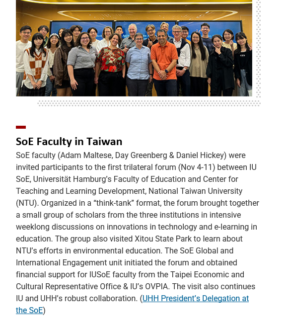 soe_global's tweet photo. SoE Faculty in Taiwan: Maltese, Greenberg, Hickey,      &amp; C. Lubienski
@IUSchoolofEd https://t.co/u6KLWurGVV