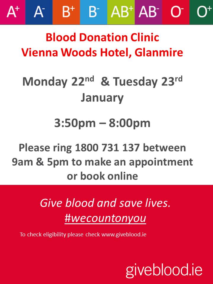 Come and #GiveBlood today Monday and tomorrow Tuesday 3.50pm - 8pm at Cork's Vienna Woods Hotel 🩸❤️
<a href="/Giveblood_ie/">Giveblood</a>