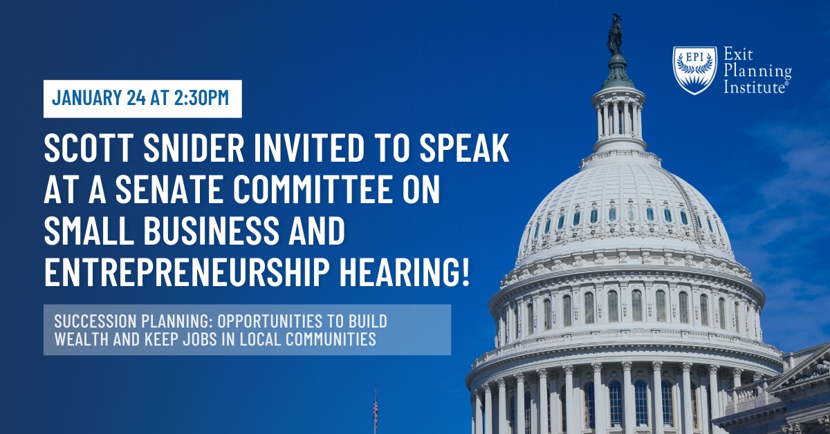 EpiSnider's tweet photo. I was invited to provide testimony at the US Senate Committee on Small Business &amp; Entrepreneurship by Senator Jeanne Shaheen.         

Watch the hearing live on Wednesday, January 24 at 2:30PM here:
https://t.co/90dV4jAqpf

#ExitPlanningInstitute #ExitPlanning #SenateHearing https://t.co/W16Dedl5DN