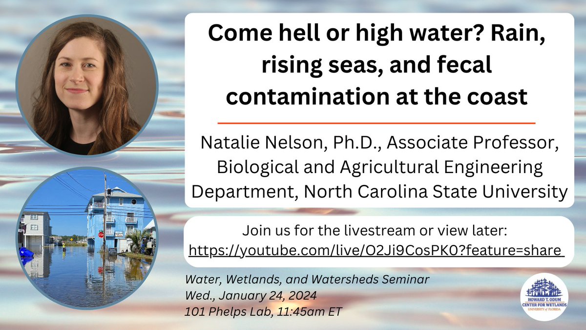 Join us Wednesday, 1/24 with @NatalieGNelson for the next #W3seminar! Nelson will share her team's experience creating forecasts &amp; nowcasts to support fecal contamination risk mitigation, &amp; identifying emerging threats driven by tidal flooding &amp; SLR.💧
🔗youtube.com/live/O2Ji9CosP…