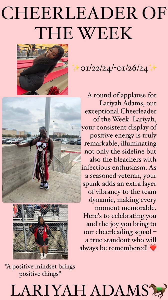 ManorCheer's tweet image. Congratulations to Lariyah Adams for being cheerleader of the weeeekk!!!
You earned it and we appreciate you ❤️
#Cheerleaderoftheweek #Cheer