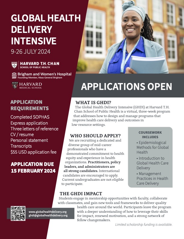 The Global Health Delivery Intensive provides the tools and training to help leaders run effective, impactful health care programs.

Applications due 15 February.