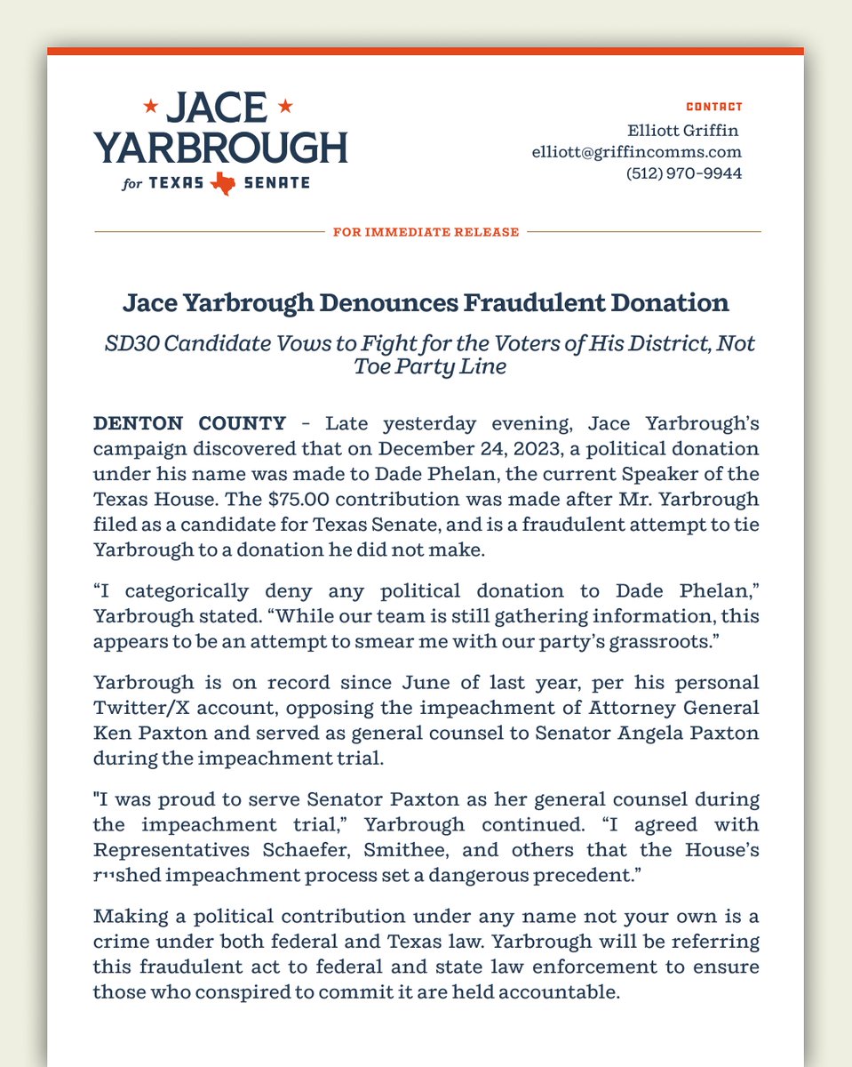JaceYarbrough's tweet photo. My opponents cannot beat me on character, record, or policy so they’ve stooped to desperate and pointless political tactics. Fraudulent political contributions are a crime per the Texas election code. Read my full statement below. #SD30 #txlege https://t.co/V2RNr71Gzl