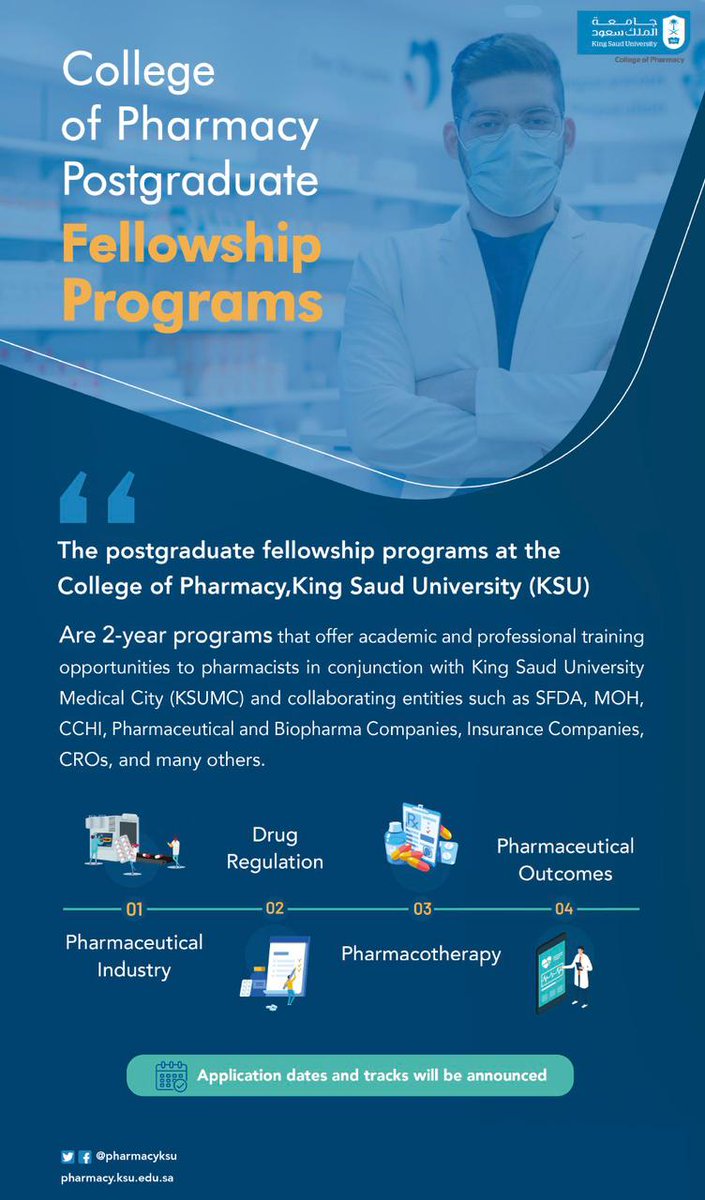 pharmacyksu's tweet photo. تعلن كلية الصيدلة بجامعة الملك السعود عن إطلاق 6 مسارات في برامج الزمالة في #الصيدلة
رابط التقديم للمسارات:
https://t.co/fxY2LCvTzN

كتيب البرامج: https://t.co/3MTaeZA1BP
ايميل: phfp@ksu.edu.sa https://t.co/wi942e40JZ