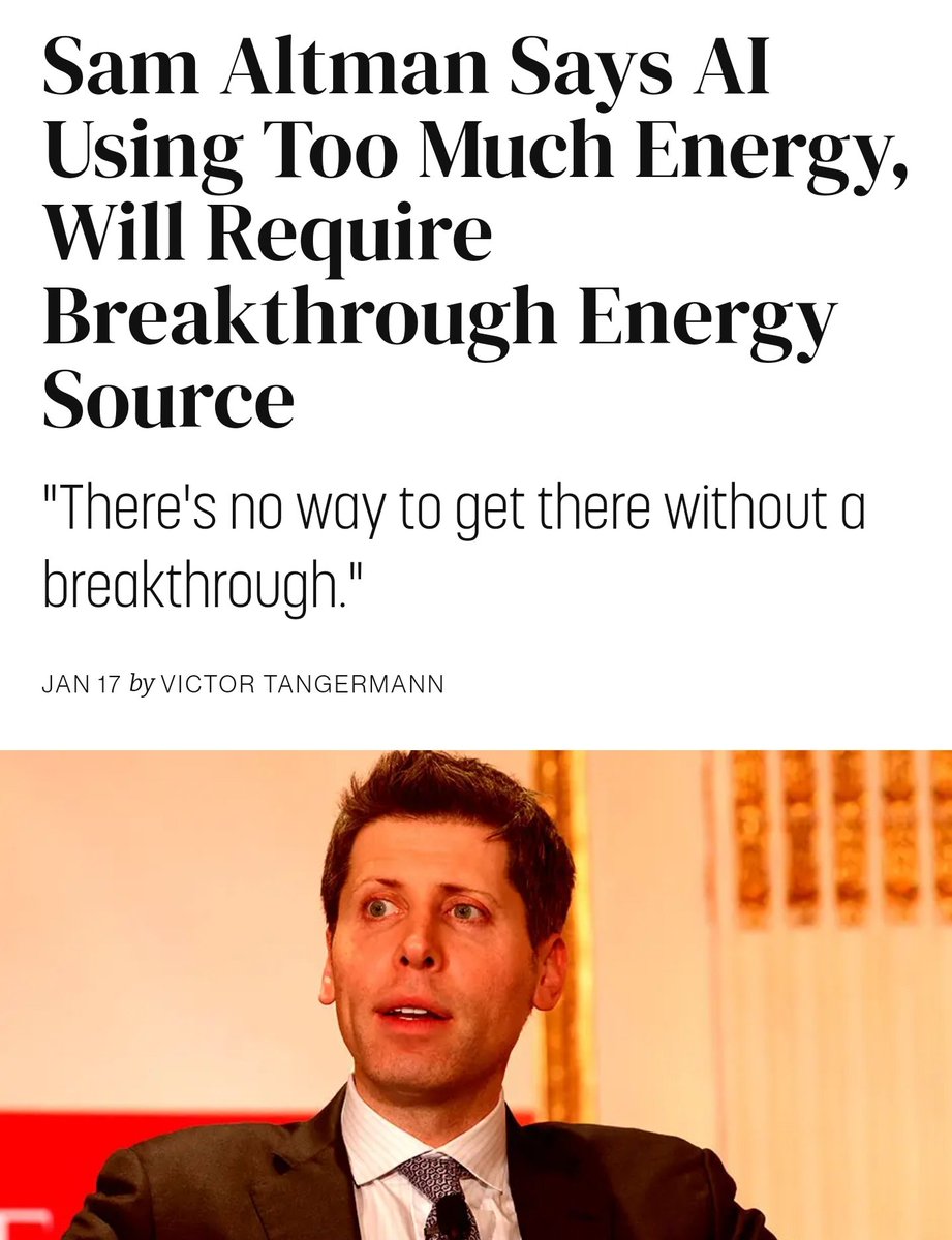 So not only do they need copyrighted material for their technology to function, but energy demands are getting so high (think small country), they also need a nuclear fusion breakthrough to sustain it. The whole thing is such a joke. 

futurism.com/sam-altman-ene…