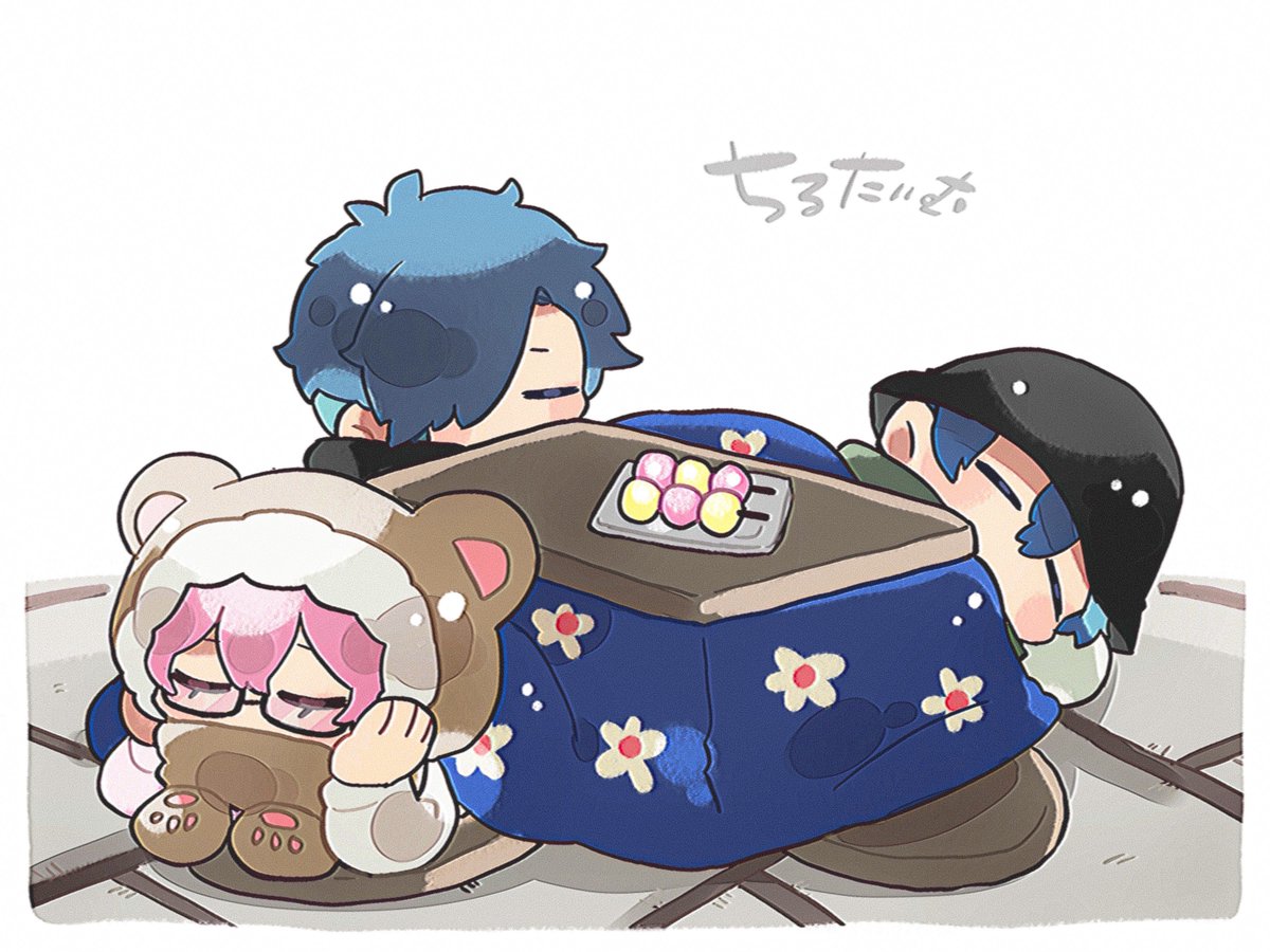 blue hair table multiple boys pink hair kotatsu closed eyes 3boys  illustration images
