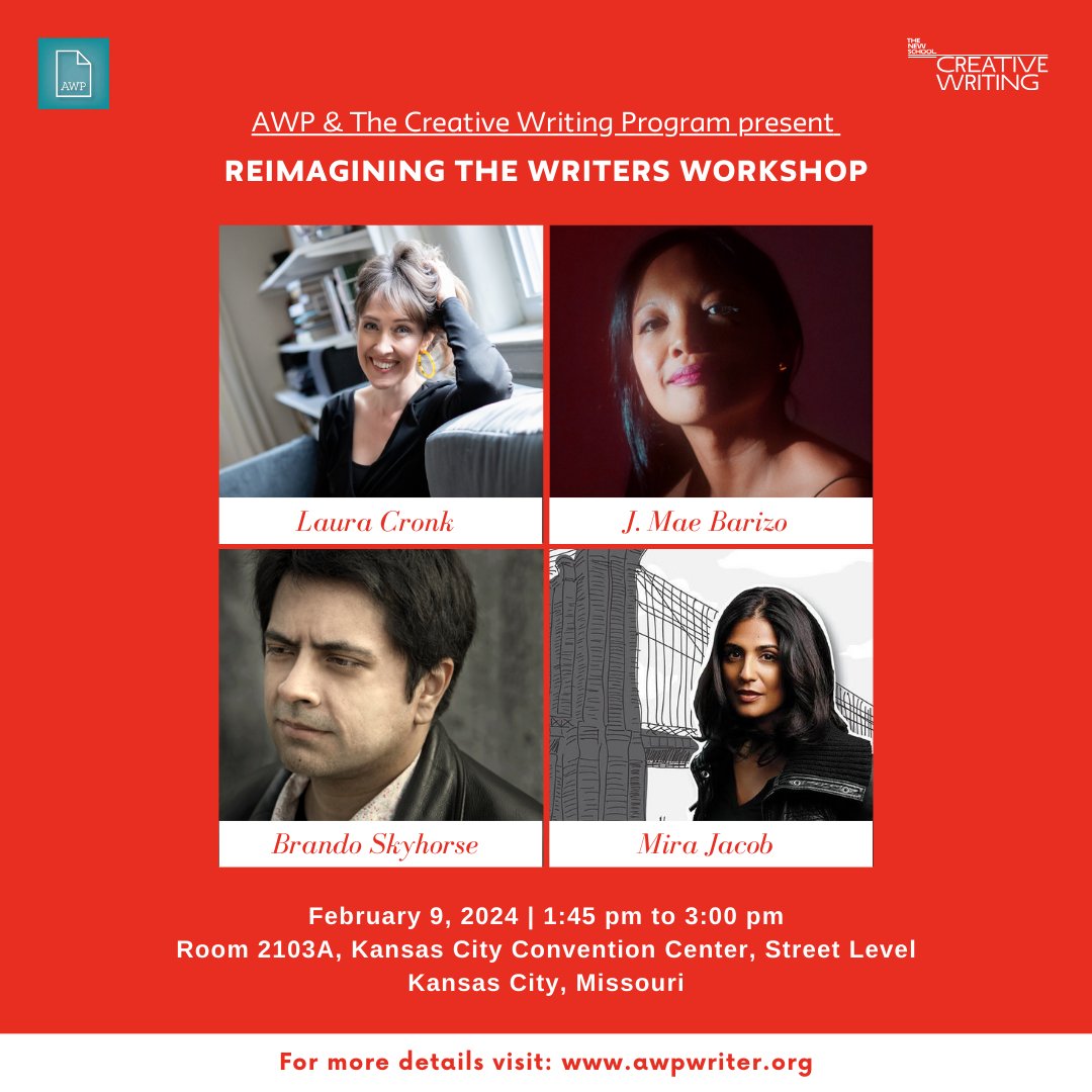 NewSchoolWrites's tweet photo. We are excited to be back at AWP this year! Join us for our panel "Reimagining the Writer's Workshop," featuring @LauraRCronk, Mira Jacob, @jmaebarizo, and @brandoskyhorse 

Learn more at: https://t.co/OtYidm4TBC 💫 https://t.co/7YjXj8qlIg
