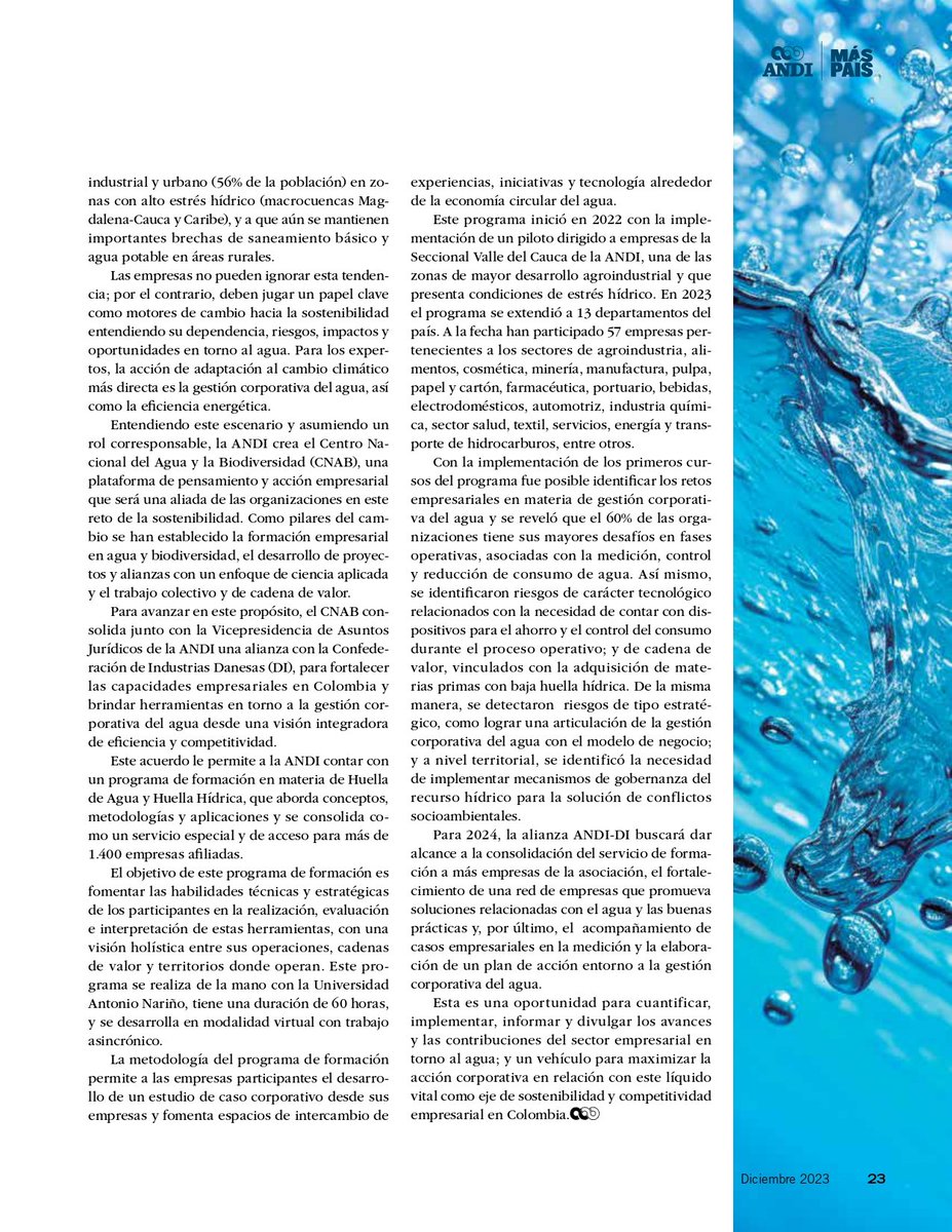 💧Conozca en la Edición 284 de la @Revista_A el artículo: 'Gestión corporativa del agua, una herramienta para la competitividad y la sostenibilidad empresarial'. Vea la revista completa aquí👉bit.ly/RevistaA-284 #SostenibilidadANDI @CNAB_ANDI