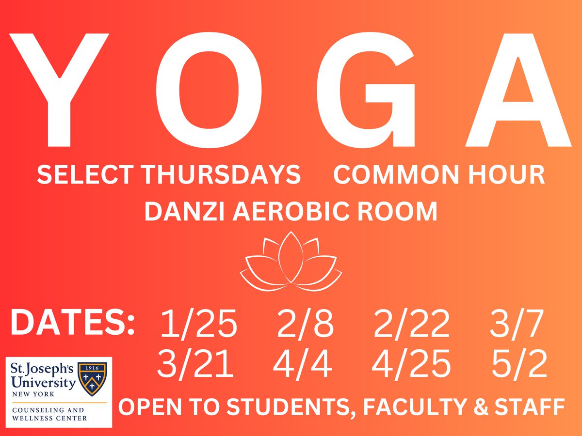 SJLIWellness's tweet image. Welcome back! We're jumpstarting the spring semester with TWO events this week. Talk to our counselors tomorrow about #healthystudyhabits and join us for yoga on Thurs in the Danzi. 
#sjliwellness #sjli #sjny