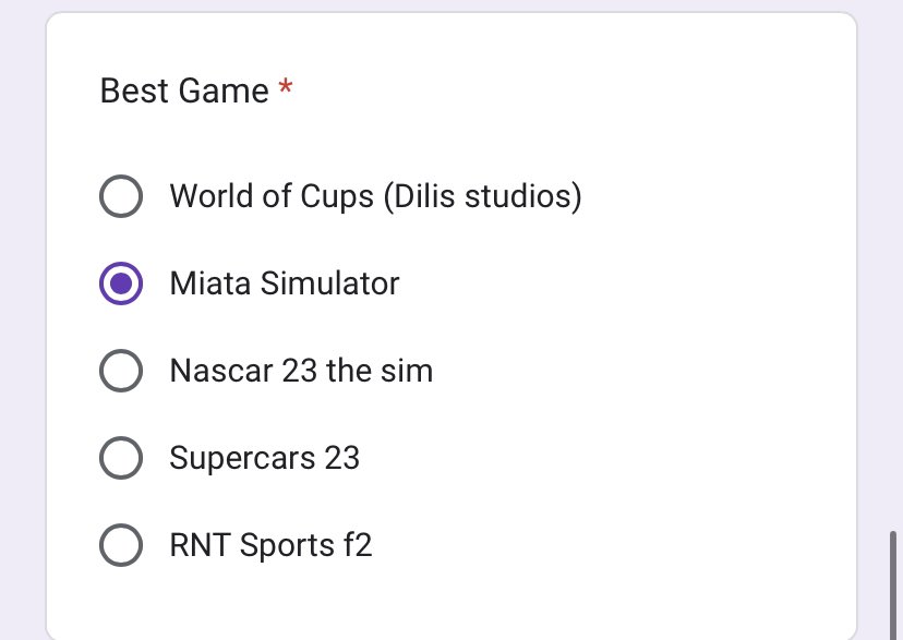 COME HELP ME BE AWESOME!!!

Vote IMRP for best league (helping the friend out) and vote Miata Simulator for best game!!!! We Gotta Get The Bag!!!

tell your friends!! do it

forms.gle/s2CNuE7zoSJXph…