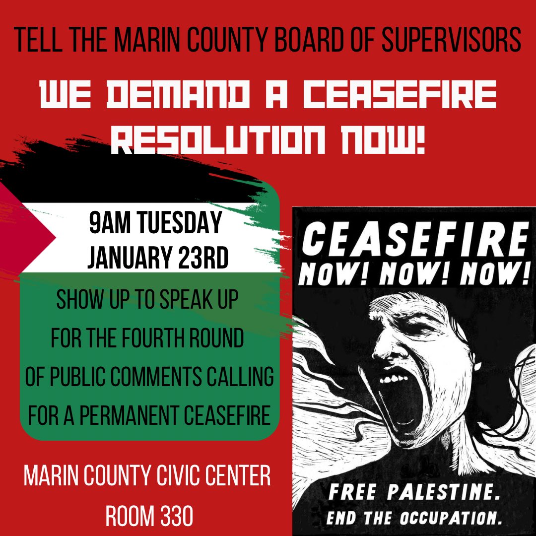 defundfxpd's tweet photo. Demand a Permanent Ceasefire Resolution be adopted by the Marin County Board of Supervisors!🇵🇸 https://t.co/Cc3gt6Rtwl