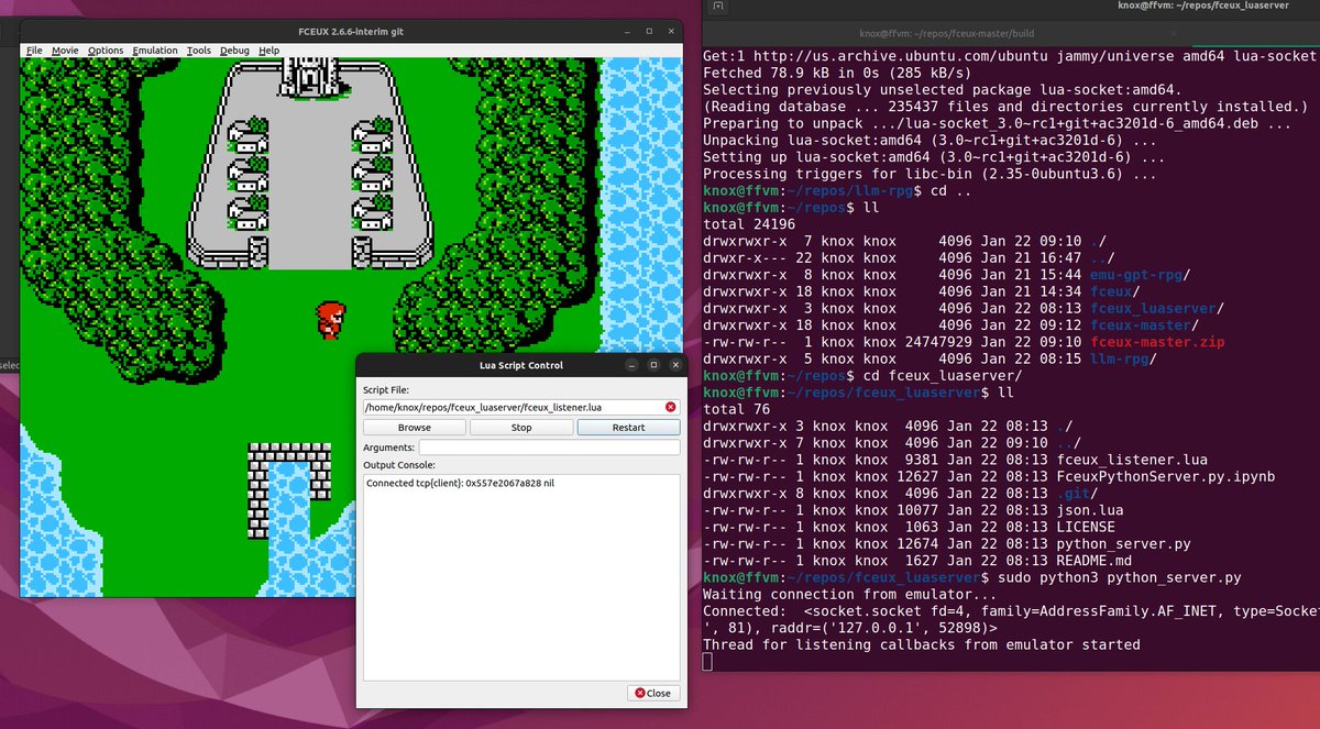 JR_Knox1977's tweet image. I was able to get the #lua socket server for #fceux working! I have compile fceux from source and some other random stuff.... So we will be ready tomorrow to dive in further on the #llm_plays_rpg project!