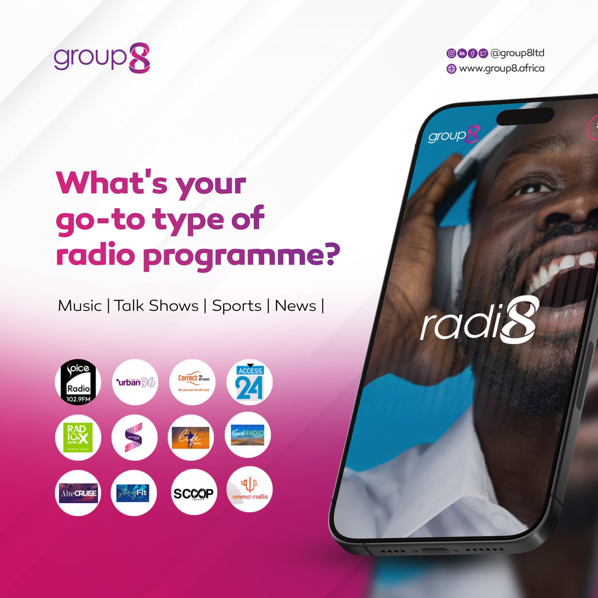 group8LTD's tweet photo. It's a new week! The hustle and bustle continues. Whether you're driving, carpooling or boarding public transport to/from work, we've got you covered with Radi8's diverse radio stations and programmes.

Let's know which of these programmes you prefer listening to.😉

#group8LTD https://t.co/FzKlzBvhGa