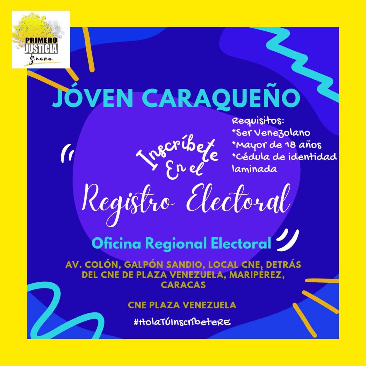 Sucrempj's tweet photo. Joven Caraqueño si cumpliste la mayoría de edad 👇👇
#inscribeteya
#SucreEsCambio
#AnotateConPjSucre 
#PrimeroJusticiaConVZLA https://t.co/wBwSEiUMrj