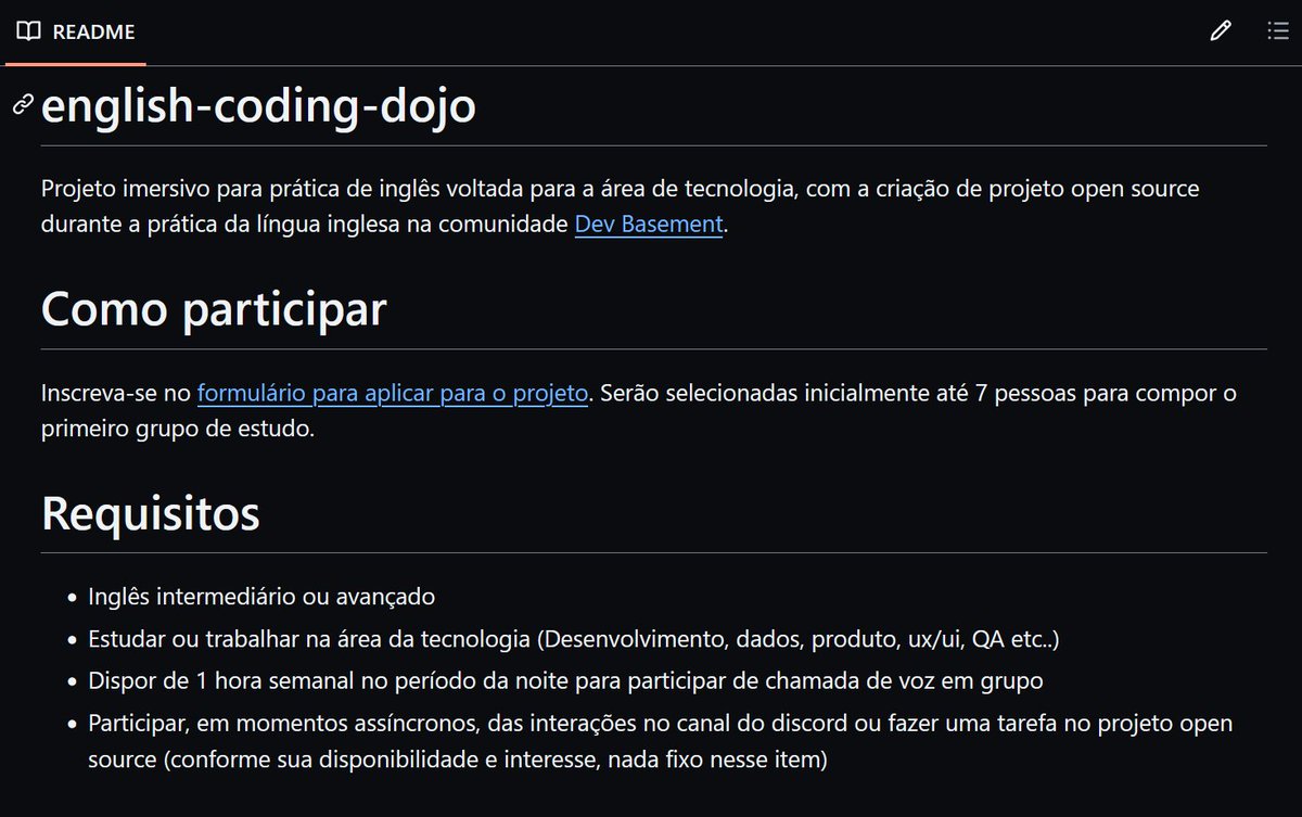 Graças a <a href="/dev_challenge/">DevChallenge</a> estaremos abrindo a primeira turma do dev-dojo no Basement Devs!

Vai ser um projeto pra você, que já saiu do iniciante, fazer um pair coding dahorasso e trocar ideia sobre o projeto enquanto estuda. 

RT da amizade e bora!

github.com/Lorenalgm/engl…