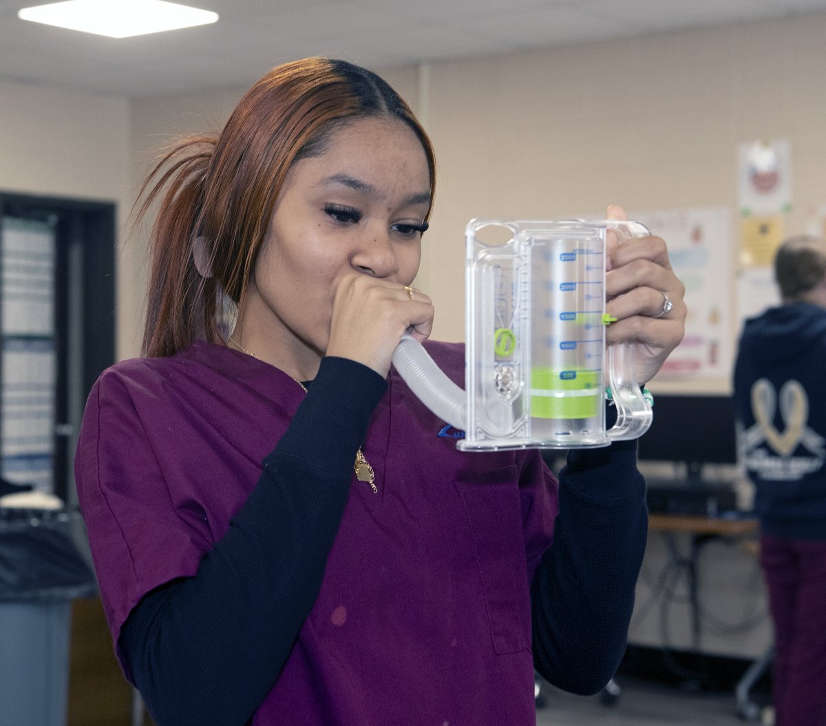Physical Therapy Aide students studied the respiratory system. They learned techniques to help post-operative patients who’ve undergone abdominal or open-heart surgery, and how to use an incentive spirometer, a device that helps those after surgery or a lung ailment diagnosis.