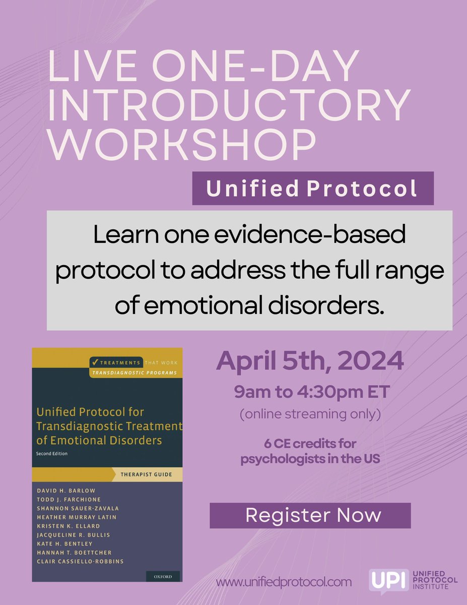 Did you know that over 35 diagnoses in the DSM are characterized by difficulty managing strong emotions? 

Join us for a live, interactive workshop on the Unified Protocol to learn how one evidence-based protocol can be flexibly used with all of them! 

bit.ly/4b7JRkY