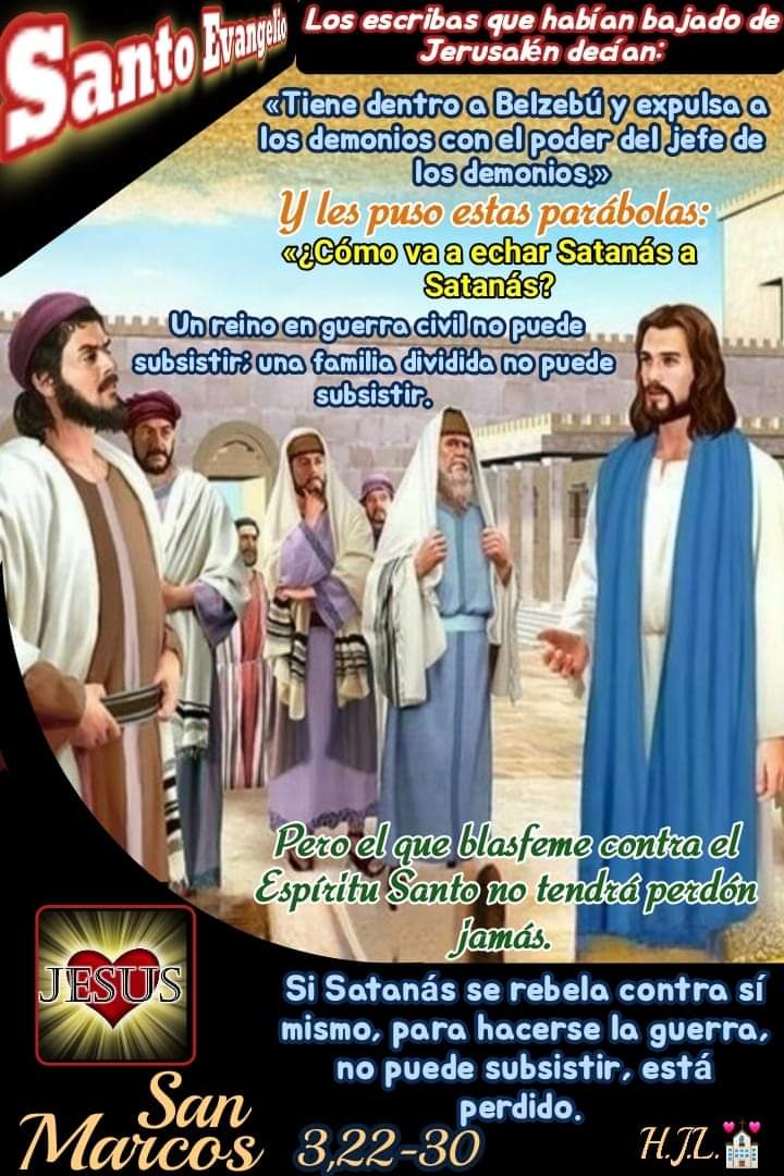 @pgnora SAN MARCOS 3,22-30📖 Un reino no puede estar dividido. Aprendamos a perdonar. 'Creedme, todo se les podrá perdonar a los hombres: los pecados y cualquier blasfemia q digan; pero el q blasfeme contra el Espí­ritu Santo no tendrá perdón jamás, cargará con su pecado para siempre.'