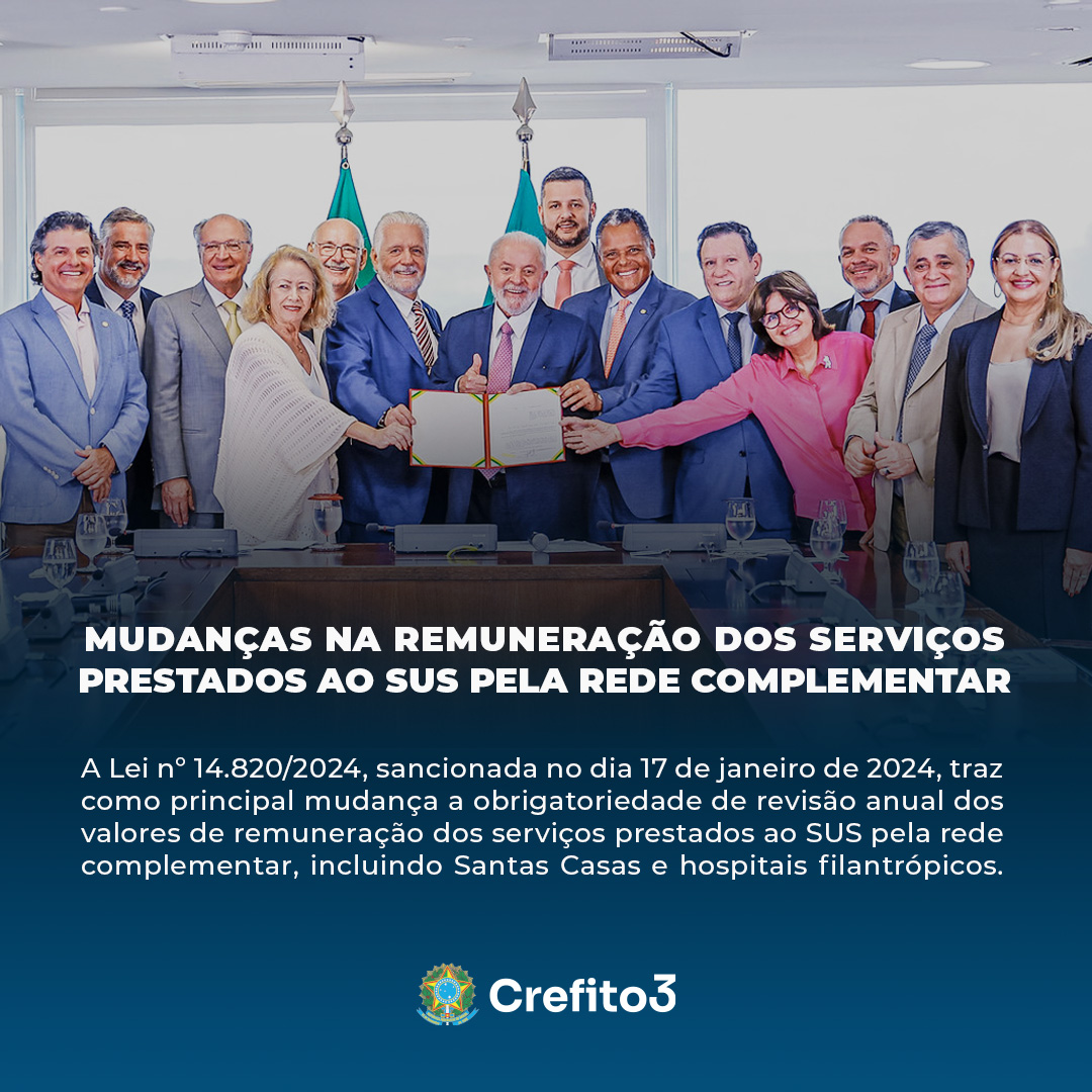 crefito_3's tweet photo. 💼🔄 Mudanças na remuneração dos serviços prestados ao SUS pela rede complementar
Saiba quais as principais alterações na Lei Orgânica da Saúde determinadas pela Lei nº 14.820/2024
Saiba mais no site do Crefito-3: https://t.co/aHZLBmTDUr https://t.co/uyOPz6vcG0
