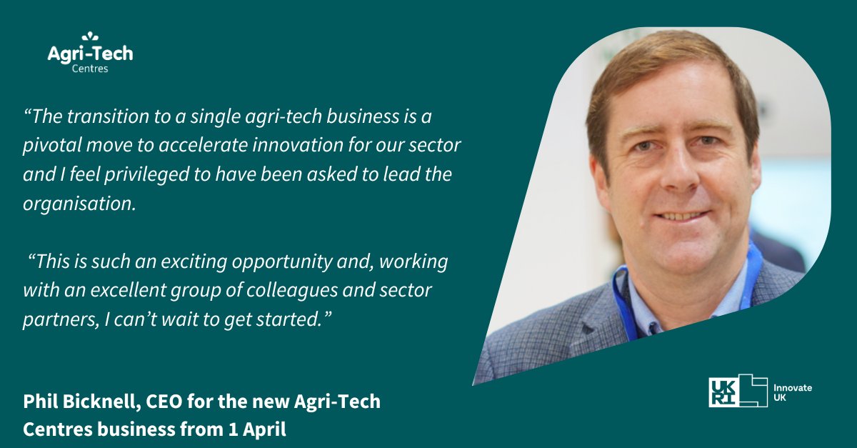 UKAgriTech's tweet photo. 📰📢News: Phil Bicknell will take up the role of leading the merged Centres @agri_epi @CHAPAgriTech &amp; @CIELivestock1  – whose new business will span the entire agri-innovation ecosystem. Read full news story here: https://t.co/C6Cx6zHtAP 
#agritech #innovation https://t.co/GPQczQKfGn