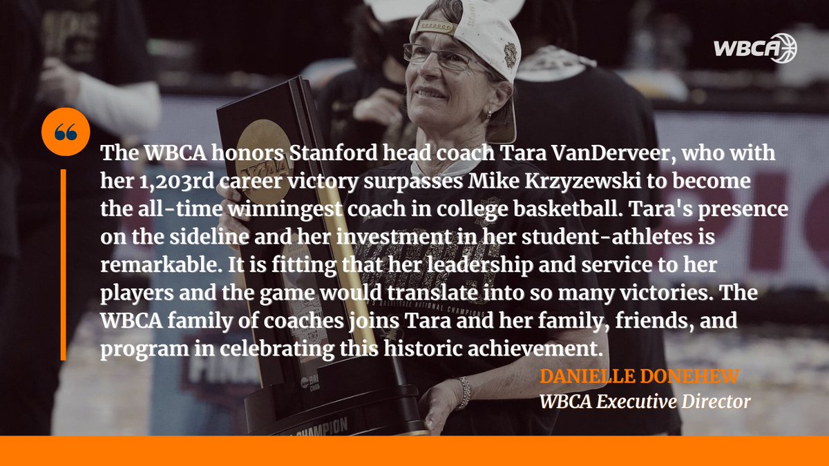 WBCA Executive Director Danielle Donehew reacts to Tara VanDerveer surpassing Mike Krzyzewski as the all-time winningest coach in college basketball. 1️⃣ 2️⃣ 0️⃣ 3️⃣ WINS 👏🏽 👏🏽

🔗 wbca.org/about/press-re…

📸: Brandon Vallance/isiphotos.com
<a href="/StanfordWBB/">Stanford WBB 🌲🏀</a>