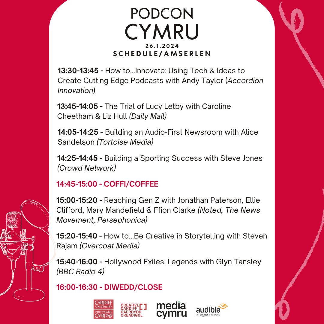 Here is the full schedule for #PodConCymru24👇🏻 Tickets are FREE and there are just a few left: bit.ly/47P8b97 We can't wait to see you and hear from these fantastic speakers @BBCSounds @RestIsPolitics @itvnews @ReporterTaneja @bengomedia @cwinspod_ @tortoise