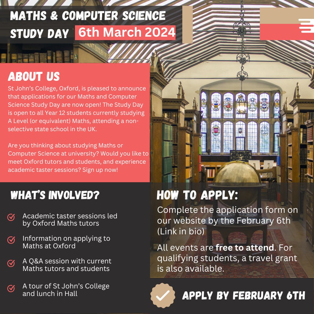 sjc_access's tweet photo. 📞 Calling all Year 12s!

You can now sign up for our Maths &amp; Computer Science Study day taking place on March 6th! Meet our tutors, chat to our students and learn all about life at the University!

🔗 Sign up via the link in our bio

@oxoutreach https://t.co/qaDkGJP1zI