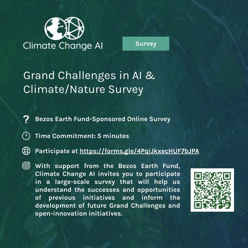 odenterprise's tweet image. 📢 Participate in this large-scale survey we are doing in partnership with @ClimateChangeAI as part of a project sponsored by @BezosEarthFund to guide future global #grandchallenges in AI for climate and nature.
👉 Survey: tinyurl.com/AIforclimatesu…
#DataDeCODE #DataForGood #AI