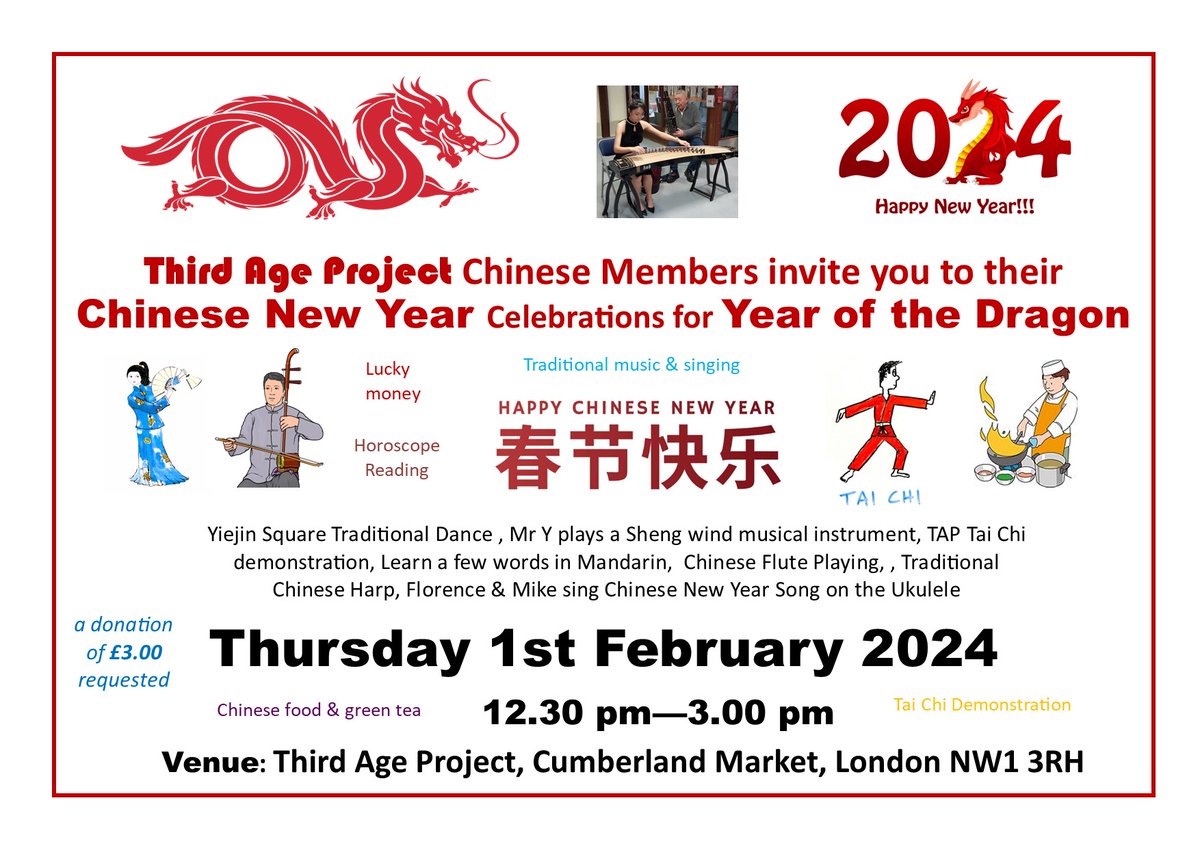 🐲Join us on Thursday 1st Feb for TAP's Chinese New Year celebrations for the Year of the Dragon. Join us for an afternoon of music, dance, food and much more. Call or visit the centre to book your place!