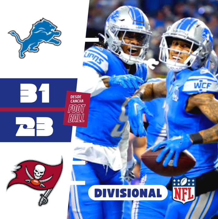 descancha's tweet photo. #Playoffs | 🏈 En los Juegos Divisionales 2023/24 en la #NFL, los Lions de la mano de su quarterback Jared Goff, vencen a los Buccaneers en el último cuarto, obteniendo el boleto al juego de campeonato final de la conferencia.
 
#JuegoDivisional https://t.co/86sQaduShH