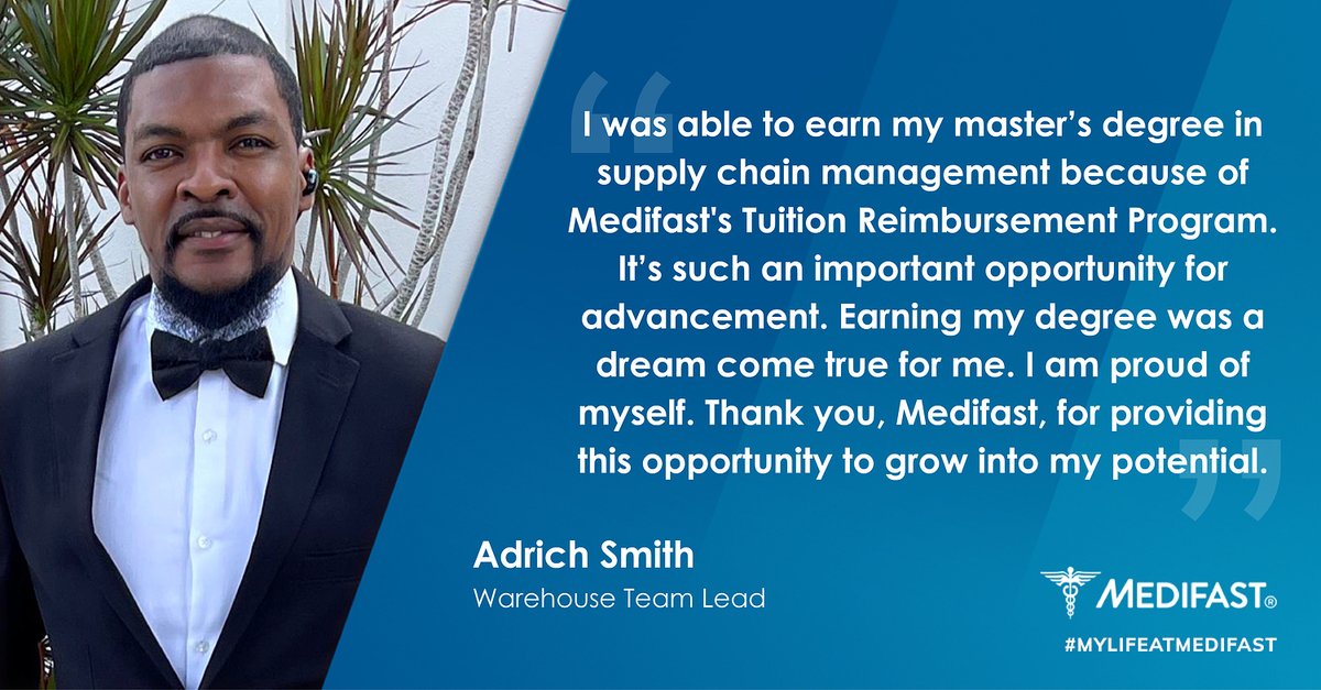 MedifastCareers's tweet image. Meet Adrich Smith, Warehouse Team Lead! He was able to earn his master's degree because of Medifast's Tuition Reimbursement Program. Interested in learning more about our open positions? Check out our careers site: bit.ly/3S4FY7H #optavia #MyLifeAtMedifast