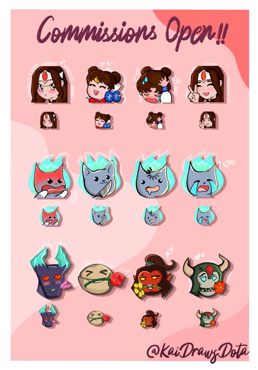 Hey people! Opening few slots for early Valentine’s Day commissions for emotes and icons~ Want to revamp your stream or discord? Have something bigger in mind? Want to share lore tidbits? Shoot a dm <3 #dota2 #emotes #commissions