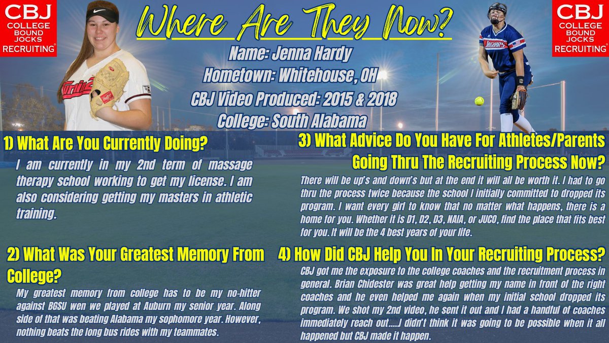 College Bound Jocks is starting a new feature called “WHERE ARE THEY NOW”. These are former CBJ athletes that have completed their collegiate careers. There will be so many words of wisdom shared by these athletes. Today we feature <a href="/jennajean35/">Jenna Jean</a>