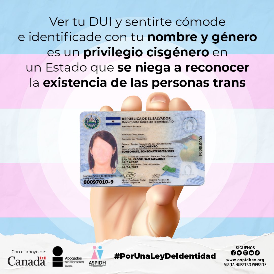 ASPIDHARCOIRIS's tweet photo. En #elsalvador🇸🇻 ver tu DUI y sentirte cómode e identificade con tu nombre y género es un privilegio cisgénero en un Estado que se niega a reconocer la existencia de las personas #trans 🏳️‍⚧️.

#porunaleydeidentidad
#UnidosPorUnaLeydeIdentidad 
#AlertaTrans @ASFC_CA https://t.co/iSzeE2REHD