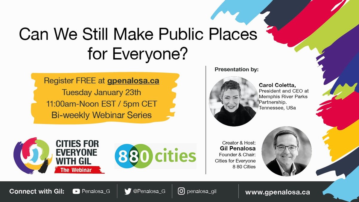 Can We Still Make Public Places for Everyone?
TODAY @ 11 am ET: Join urban expert &amp; <a href="/CivicCommonsUS/">Civic Commons US</a> partner <a href="/ccoletta/">ccoletta</a> for this live virtual conversation with <a href="/Penalosa_G/">Gil Penalosa #Cities4Everyone</a>. us06web.zoom.us/webinar/regist… <a href="/MemRiverParks/">Memphis River Parks Partnership</a> <a href="/880Cities/">8 80 Cities</a>
#publicspace #cities #diversity #connection #webinar