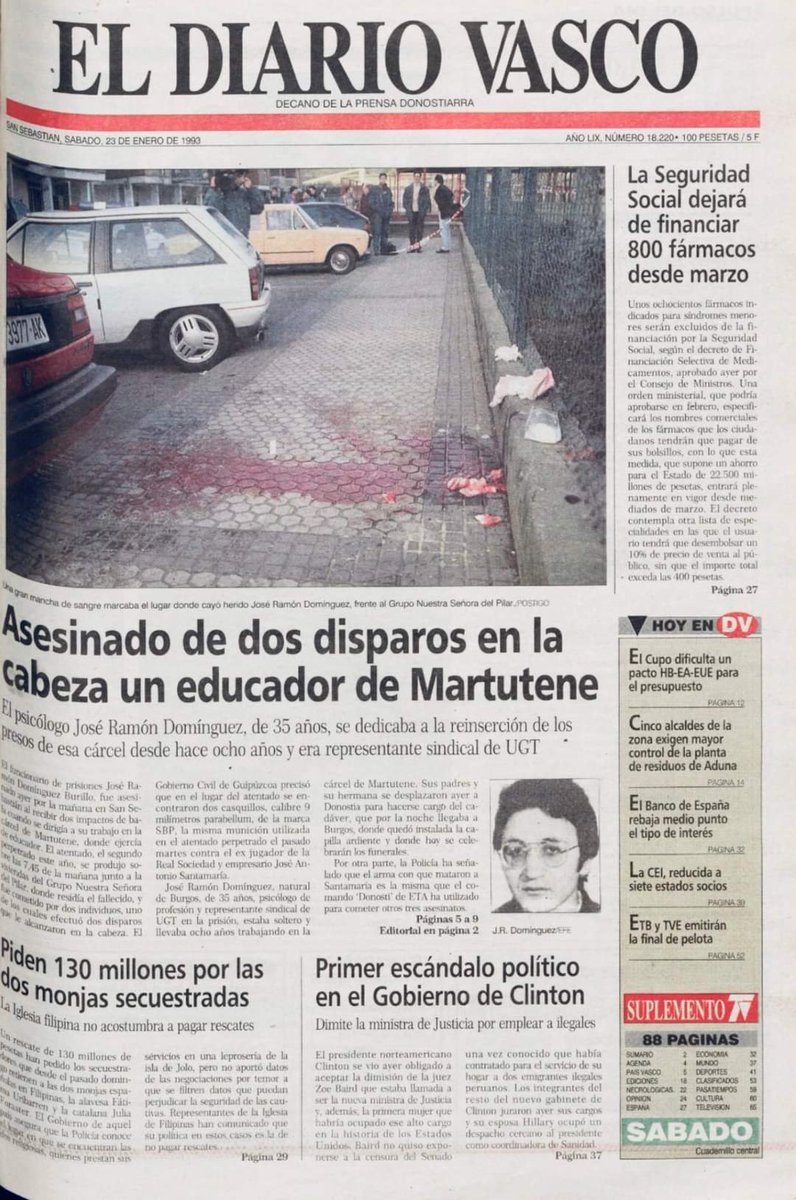 bertoguaje's tweet photo. 22.01.1993. San Sebastián. Se cumplen 30 años del asesinato del funcionario de #SOSprisiones JOSÉ RAMÓN DOMÍNGUEZ BURILLO. Salió de su domicilio y dos pistoleros le dispararon dos tiros en cuello y cabeza. Permaneció desangrándose hasta que fue descubierto por un niño de 10 años. https://t.co/9gFraTJqUV
