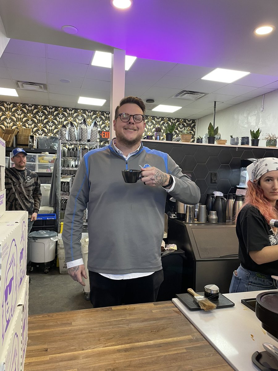 Lifeiskitsch's tweet photo. You guys! My gym bro &amp; fundraising coffee shop (Sabbath Coffee Roasters/Clawson, MI) is holding true— the @Lions won yesterday so all coffee drinks are free today! Lots of media attention, too. Get it! I recommend *buying* their “Villains” blend of beans.  #OnePride #AllGrit https://t.co/XAW8j8fWLr