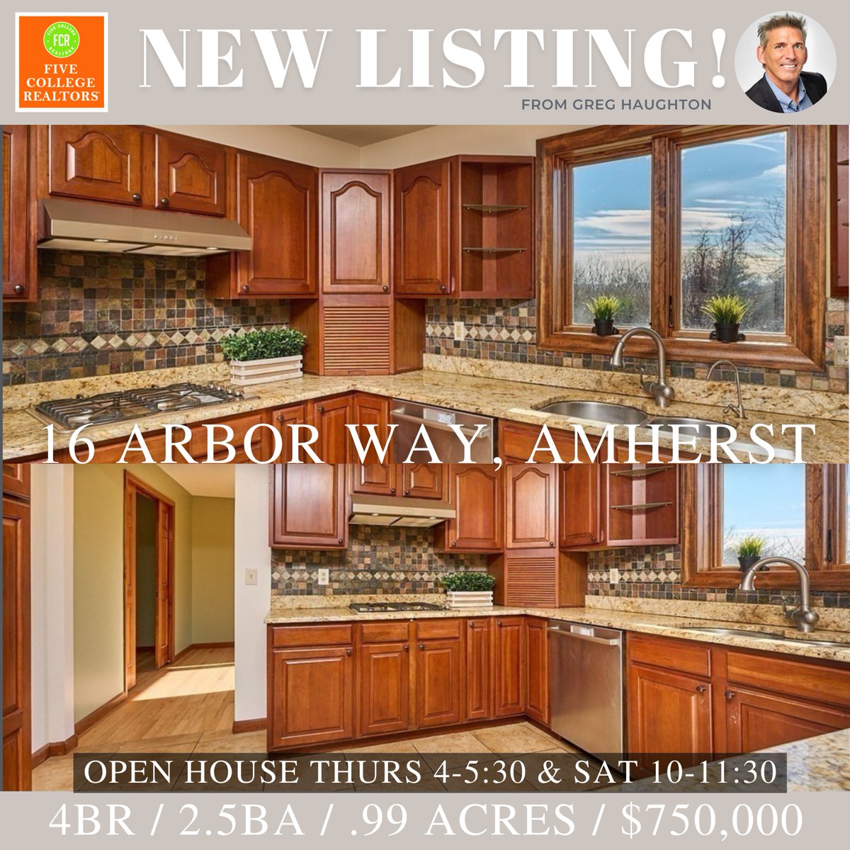 5Realtors's tweet photo. New Listing + Open Houses at 16 Arbor Way, Amherst, MA - 4BR/2.5BA, .99 ACRES, $750,000 - listed by Greg Haughton https://t.co/gSXKSrWcre