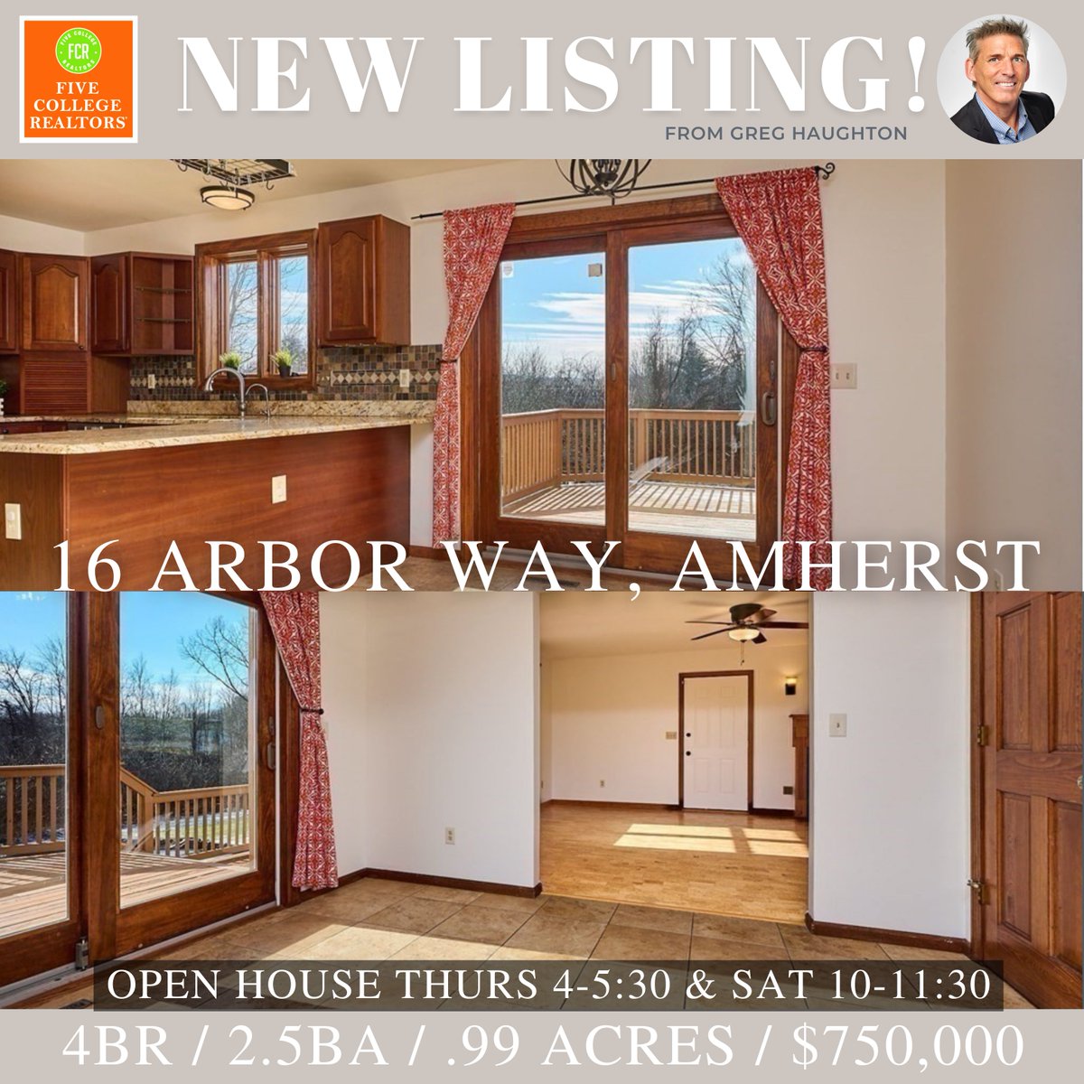 5Realtors's tweet photo. New Listing + Open Houses at 16 Arbor Way, Amherst, MA - 4BR/2.5BA, .99 ACRES, $750,000 - listed by Greg Haughton https://t.co/gSXKSrWcre