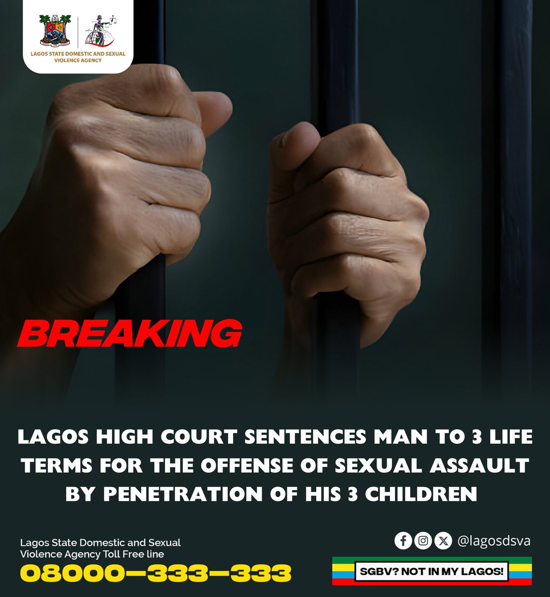 Lagosdsva's tweet photo. JUSTICE HAS BEEN SERVED ⚖️

Lagos High Court Sentences Samuel Ademola Oladimeji to 3 Concurrent Life Imprisonment Sentences for the Offense of Sexual Assault by Penetration of his 3 Children.

His name will be registered in the Sexual Offenders Register as maintained by Lagos State.

#LagosDSVA #JusticeforSurvivors
#SGBVNotInMyLagos