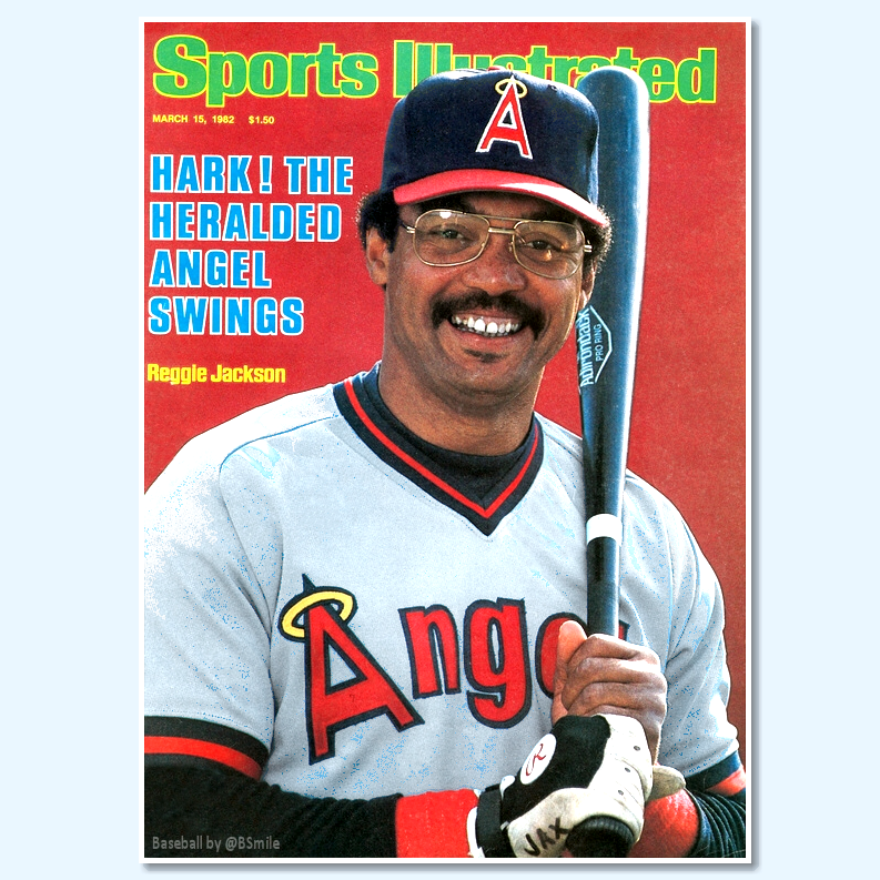BSmile's tweet photo. "Hark! The Heralded Angel Swings - Reggie Jackson"
(Sports Illustrated - 1982) Reggie ditches the New York #Yankees pinstripes for a v-neck California #Angels jersey! #MLB #Baseball #RIPSI https://t.co/KFkY3MrCJY