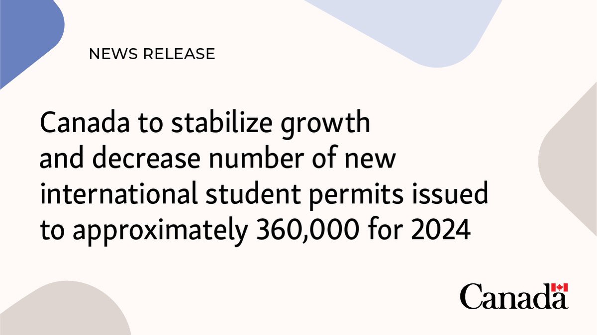 Today, we announced that the Government of Canada will set an intake cap on international student permit applications to stabilize growth, for a period of two years. Details: canada.ca/en/immigration… For 2024, the cap is expected to result in approximately 360,000 approved study…