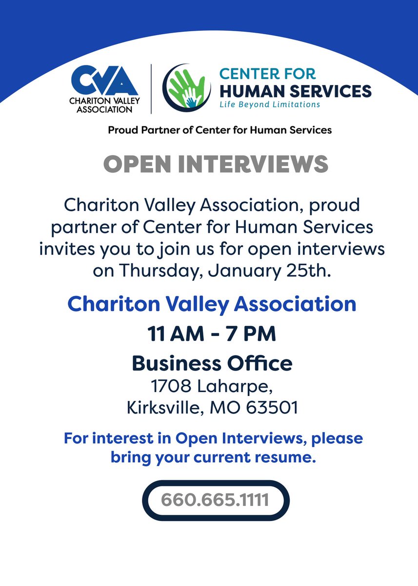 CharitonValley's tweet photo. Join us for open interviews on January 25th in Kirksville, MO.
For interest in open interviews, please call 660.665.1111, bring a current resume to the interview, and start your life-changing career today at https://t.co/ovuX1Xv79V. https://t.co/fuEgHiBaaQ